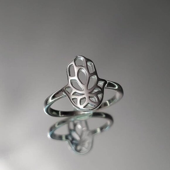 Women's 925 Thin Sterling Silver Hand Hamsa Dainty Protection Amulet Ring - Picture 6 of 10